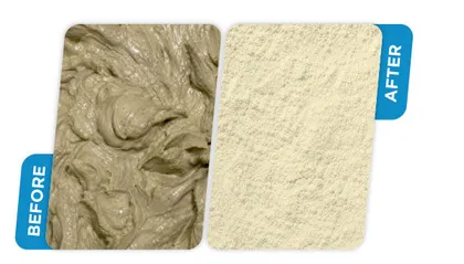 Real material sample before and after drying in an AS Engineers paddle dryer