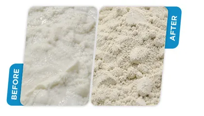 Real material sample before and after drying in an AS Engineers paddle dryer